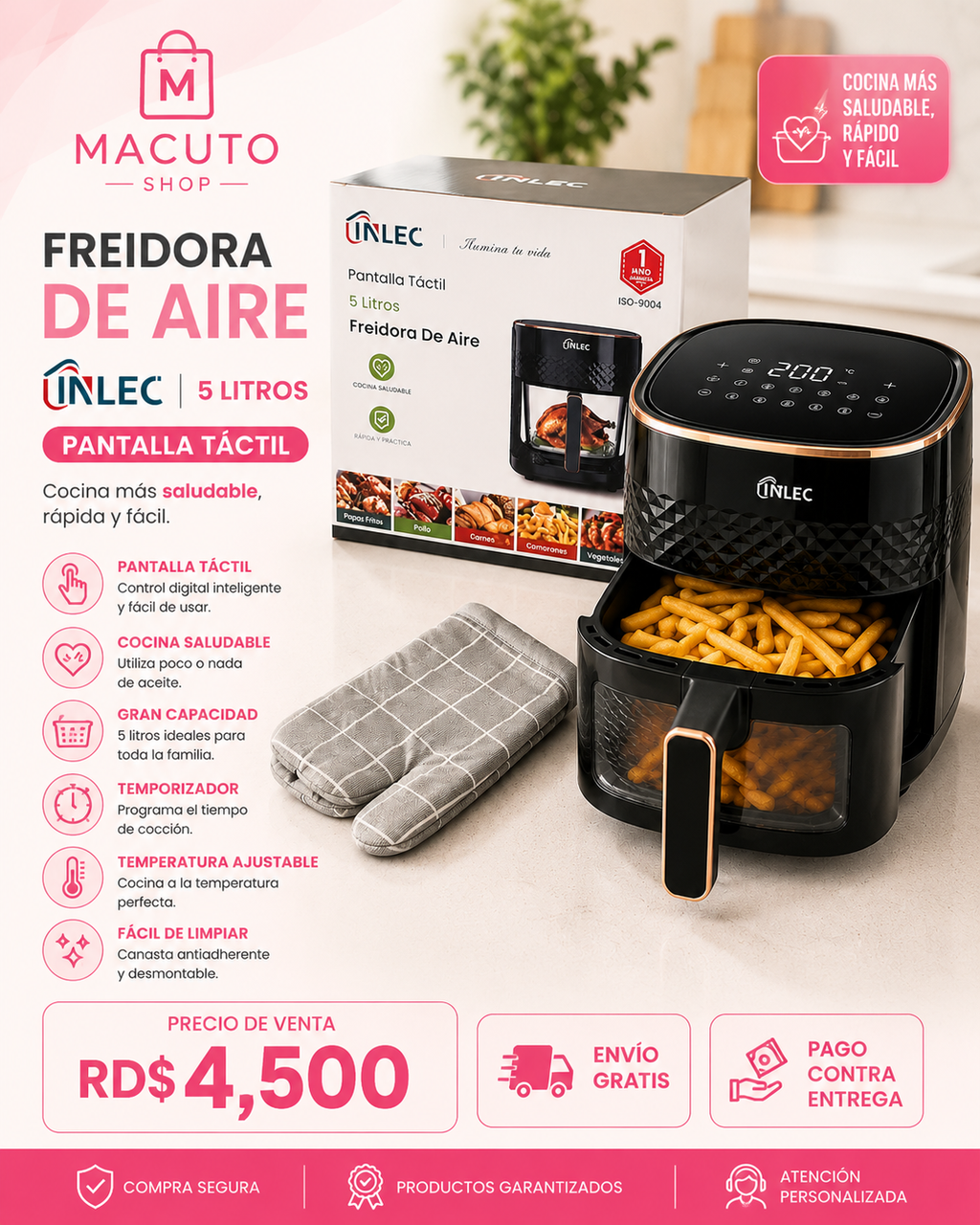 Freidora de Aire INLEC 5 Litros con Pantalla Táctil