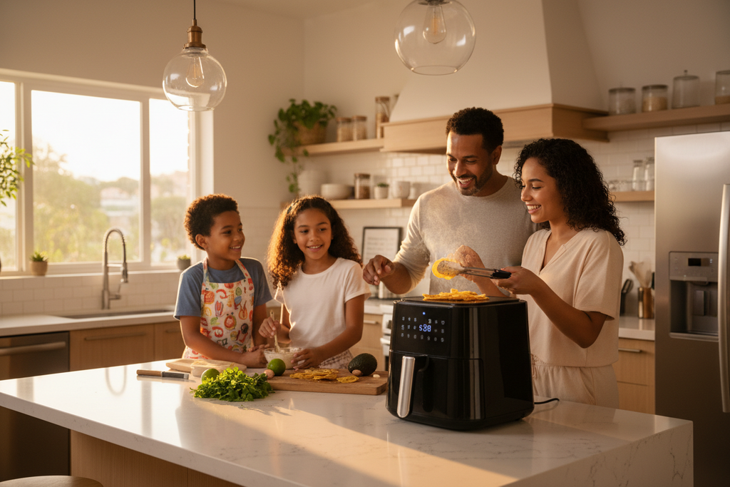 Familia dominicana usando freidora de aire INLEC en cocina