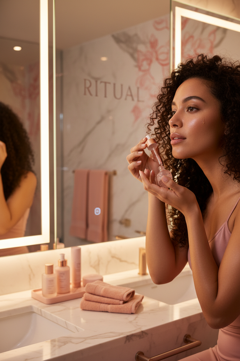 Latina en rutina de skincare nocturna frente al espejo
