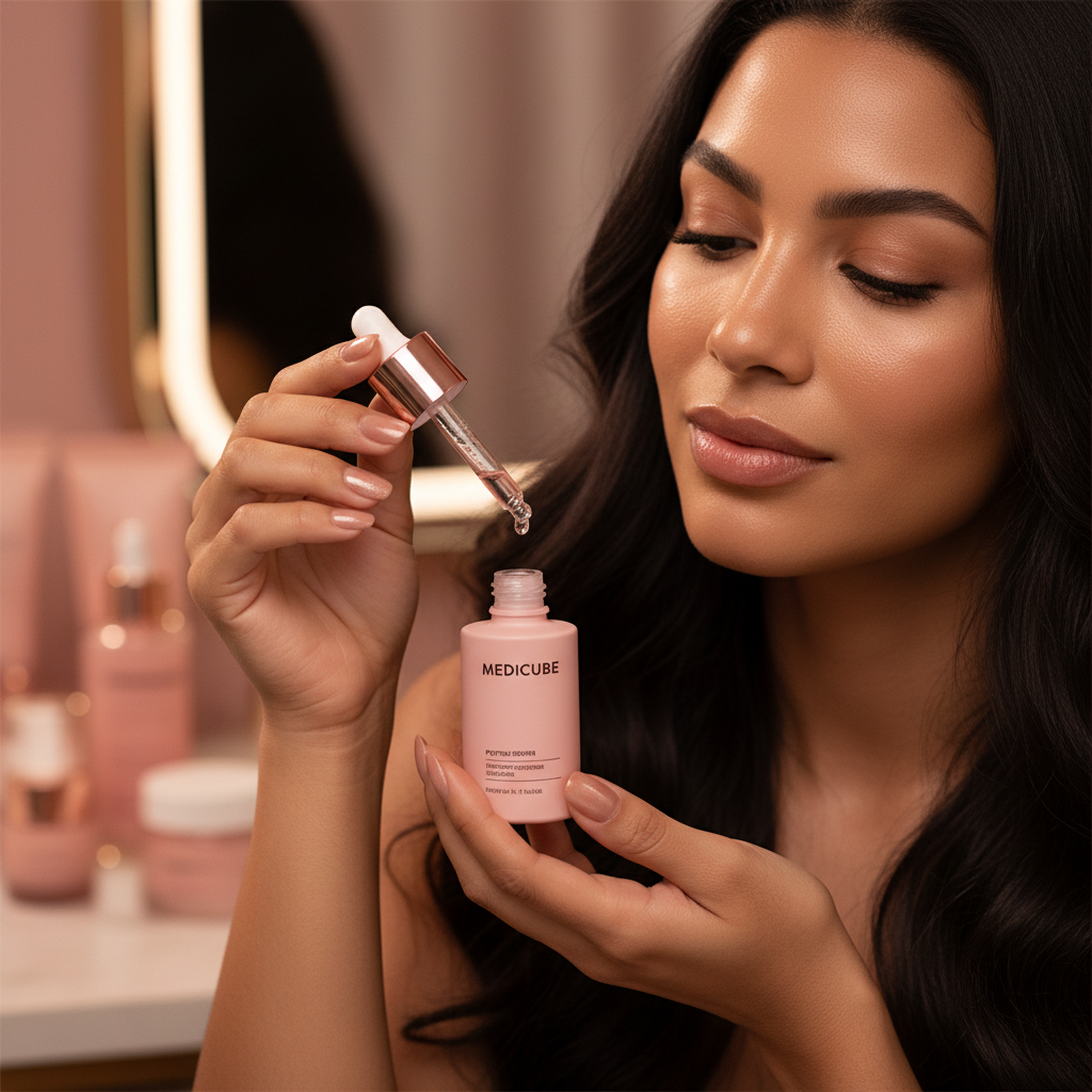 Close-up piel radiante con sérum Medicube PDRN Pink Peptide