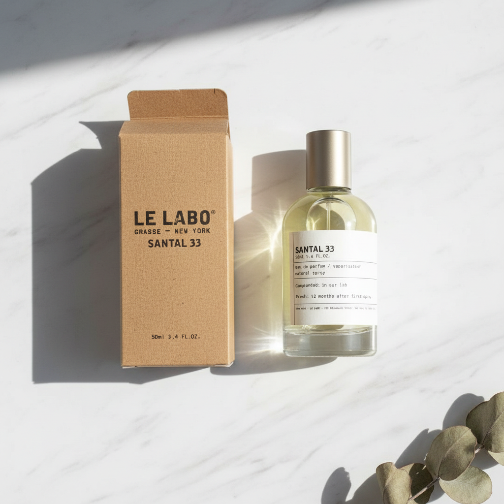 Santal 33 Le Labo - Flat lay en mármol blanco