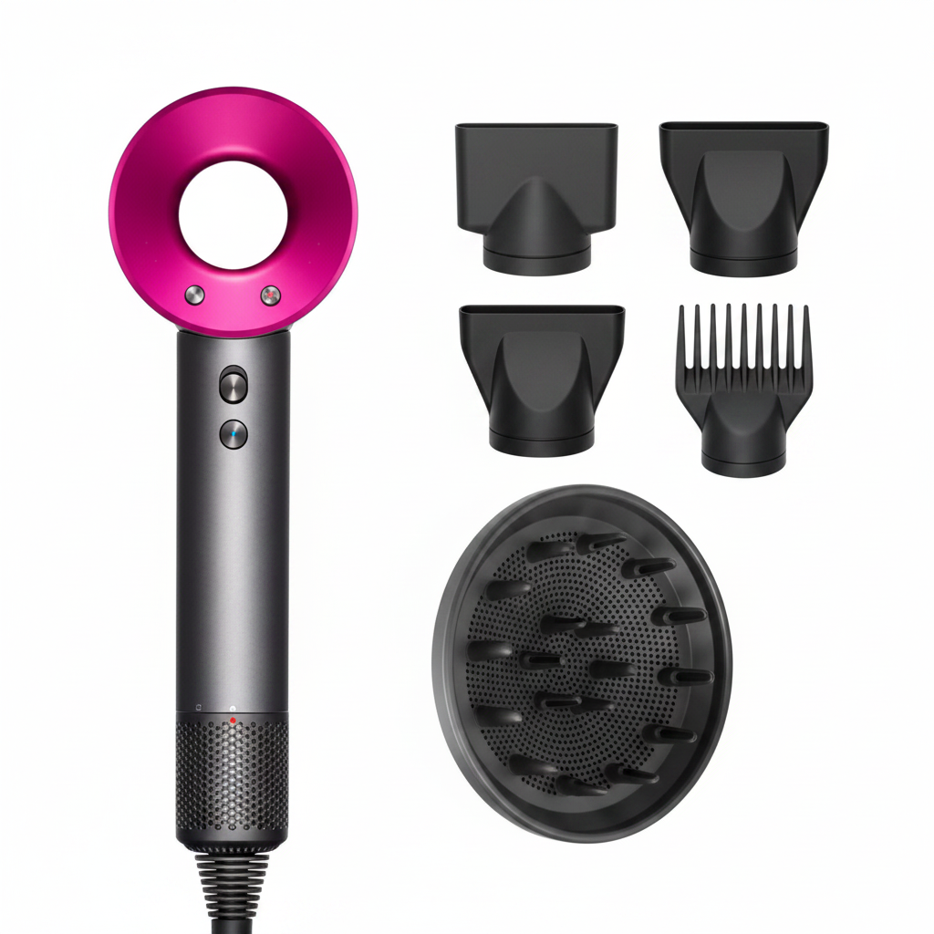 Blower secador rosa con cabezales sobre fondo blanco