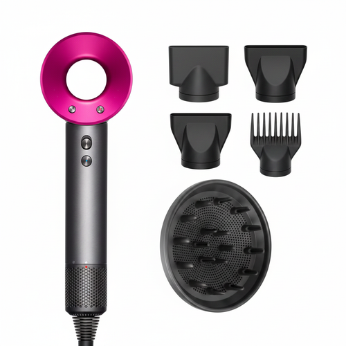 Blower secador rosa con cabezales sobre fondo blanco